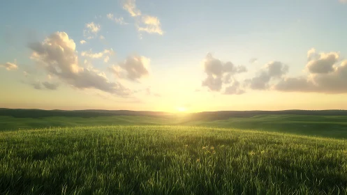 Sunlit grassland with low rolling hills at horizon line.