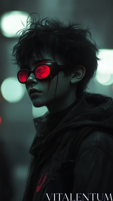 Neon‑tinted loner in red glasses, moody cyberpunk alley.