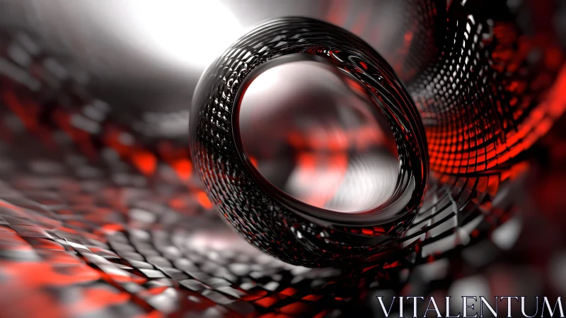 Futuristic abstract tunnel with metallic and red reflections, digital art.