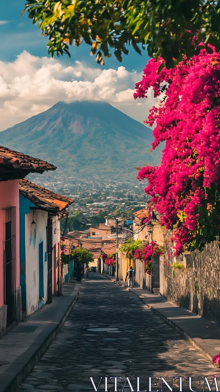 Colonial street leads toward distant volcanic peak.