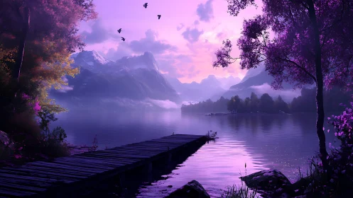 Lavender dusk over a quiet mountain lake and wooden pier.