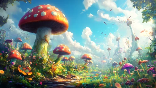 Whimsical mushroom meadow glowing under a bright blue sky.