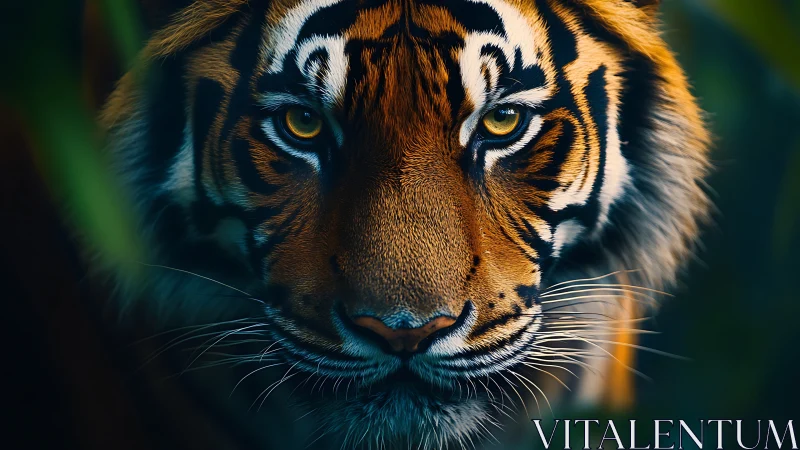 Tiger stares forward with intense golden-eyed focus