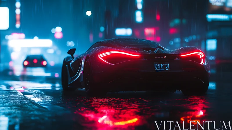 Sports car rear view shows LED lights in rainy neon street