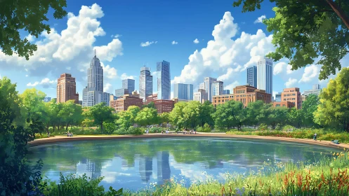 Lakeside urban park skyline under vibrant midday clouds.