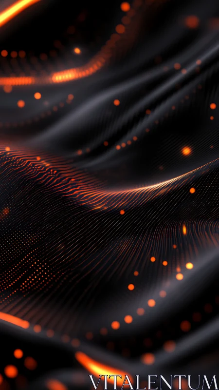 Flowing waves of orange digital light dance across darkness