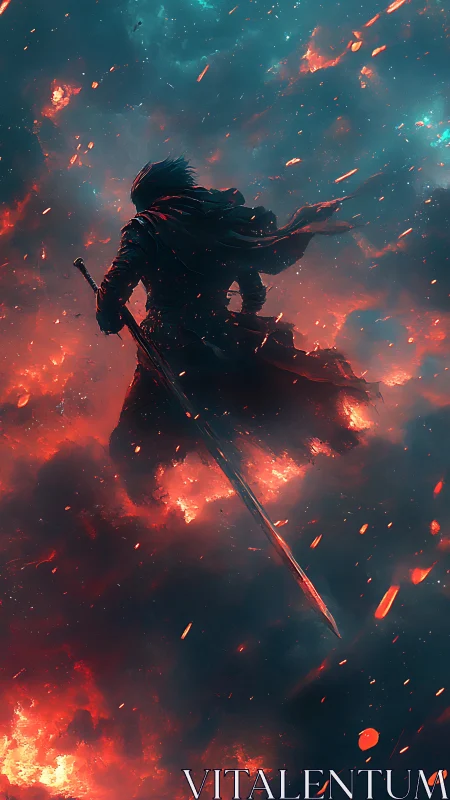 Lone armored warrior stands in burning storm of sparks.
