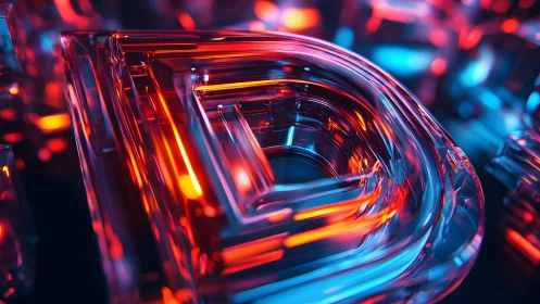 Glass Letter D with Neon Lights in Futuristic Abstract Style.