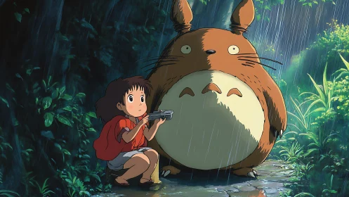 Child and forest spirit share a quiet moment in warm rain