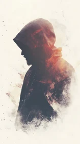 Hooded silhouette dissolving in textured abstract light.