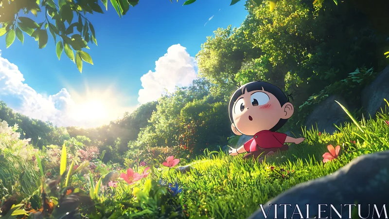 Little explorer soaking in a sunlit meadow wonderland.