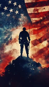 Lone soldier silhouette crowned by a storm-torn American flag.