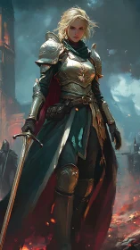 Armored female warrior with sword in burning fantasy city.