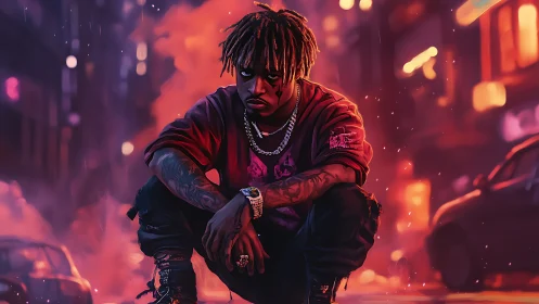 Neon city stoop: a moody night portrait in glowing haze.