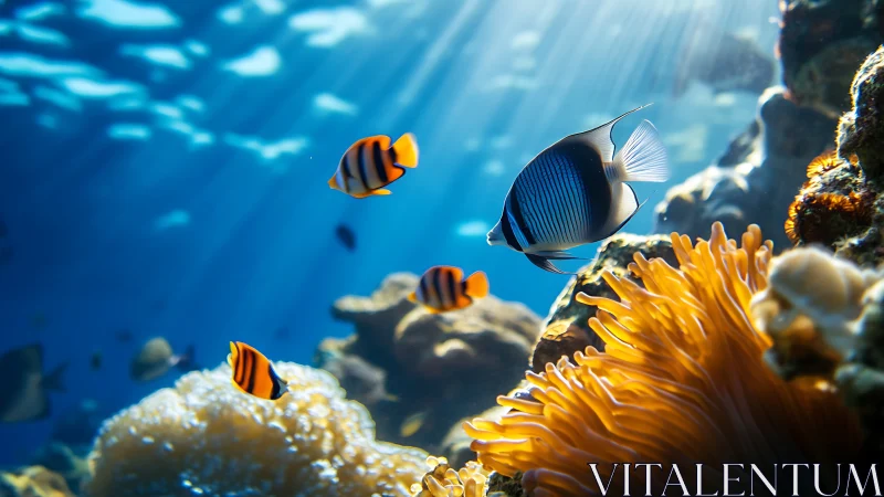 Tropical reef fish glide through sunlit underwater corals