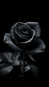 Velvety black rose glowing softly in the quiet dark.