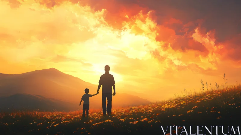 Sunlit hilltop stroll for father and child beneath blazing sky.