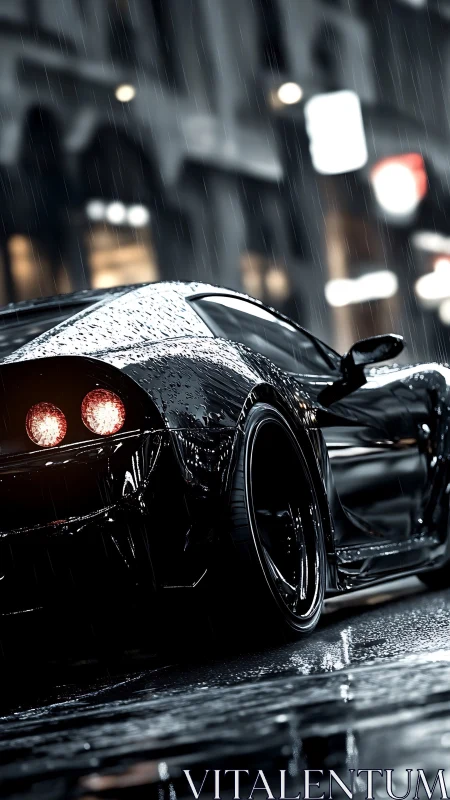 Wet night city street with black tuned sports coupe in rain