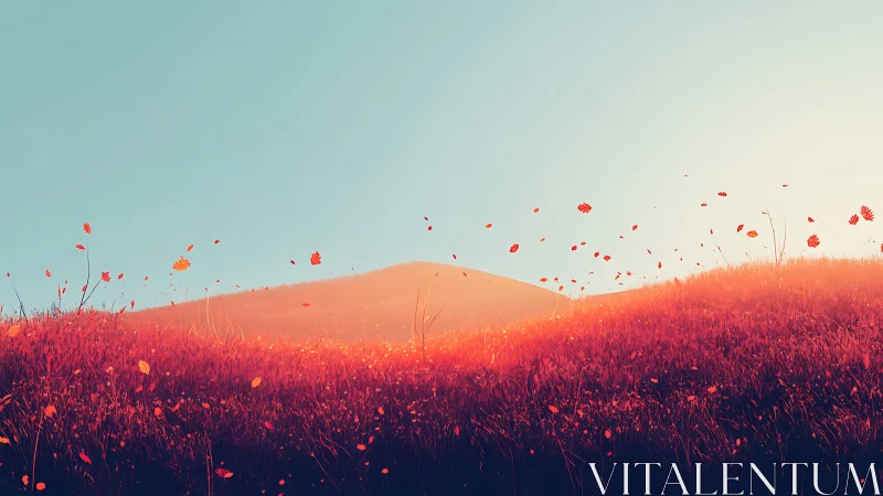 Crimson meadow glows at sunset as petals drift on the wind