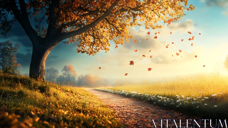 Golden wind-tossed leaves escort a glowing country path.