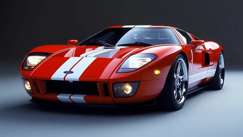 Photorealistic red supercar studio render with racing stripes.