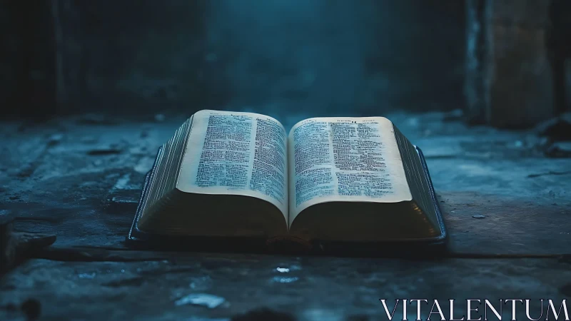 Ancient open Bible glows softly in a moody blue chamber