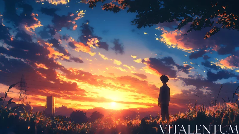 Solitary anime figure watches a blazing, dreamlike sunset sky