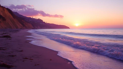 Low-angle coastal sunset with pink surf gradients and cliffs