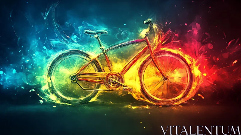 Bicycle rendered with neon luminescence effects and directional color gradients.