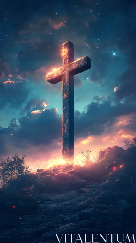 Luminous stone cross at dusk in atmospheric digital painting.