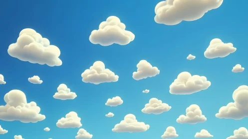 Cartoon fluffy clouds floating in a bright blue sky, digital art.