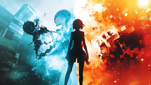 Silhouette striding between neon ice and urban wildfire worlds.