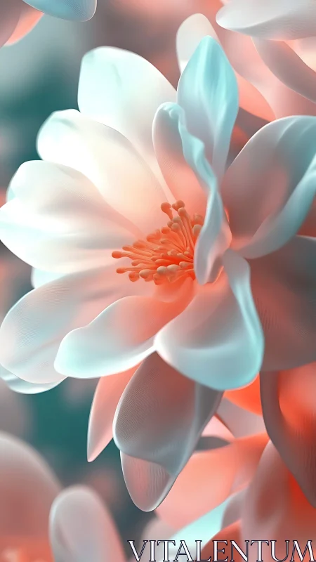 Delicate Bloom with Orange Stamens Against Coral and Turquoise Luminescence.