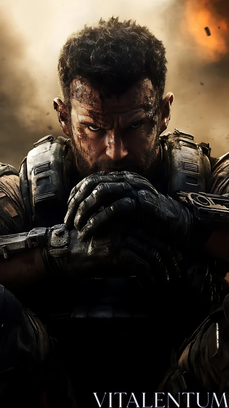 Brooding sci fi soldier pausing between battles in the dusk.