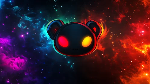 Glow-eyed mascot head floats centered in neon space field