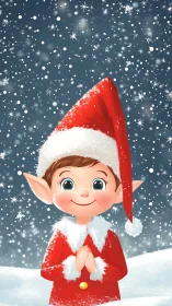 Cheerful Christmas elf in snowfall with bright red suit.