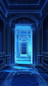 Neon Neoclassical Corridor: Cyan Light Through Recessed Architectural Apertures.