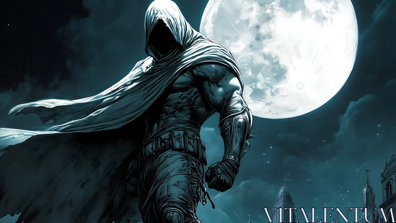 Hooded vigilante in moonlit cityscape, dynamic cloak billowing.