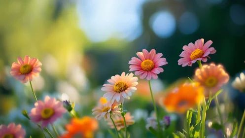 Vibrant daisy garden blooms in sunlit field.
