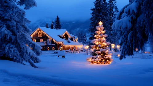 Snowy mountain chalet with glowing Christmas lights at dusk.