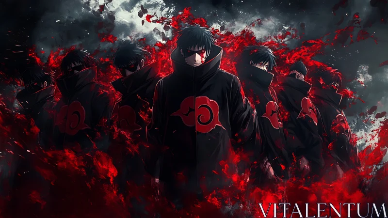 Group of cloaked anime figures stands amid red digital energy