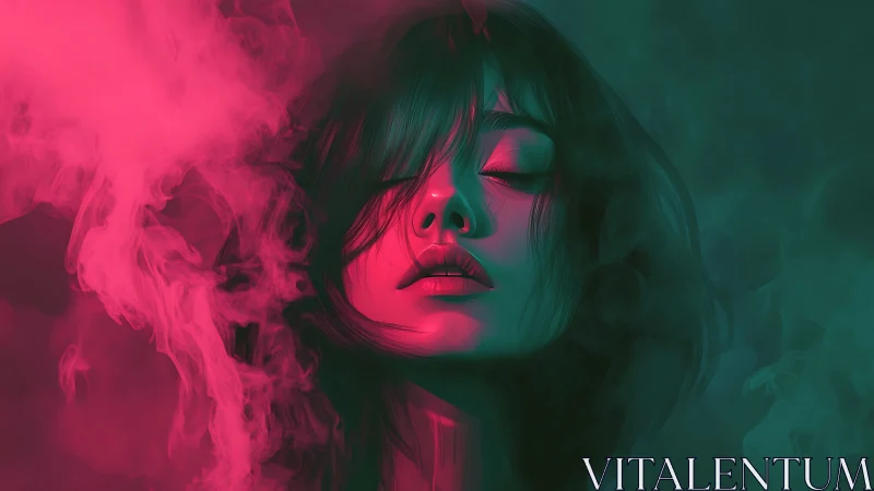 Neon sleep drapes her in rose fog and emerald shadow