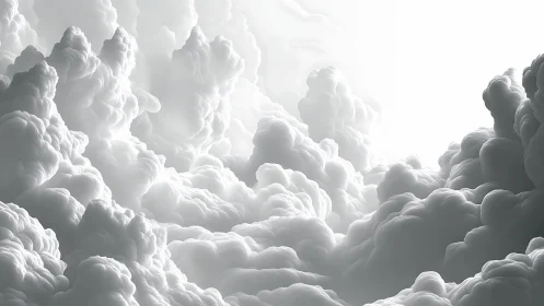 Billowing sculpted clouds ascend into a luminous white sky