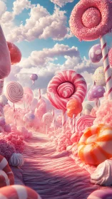 Candy Landscape with Spiraling Lollipops, Confectionery Architecture and Cloud-Filled Sky