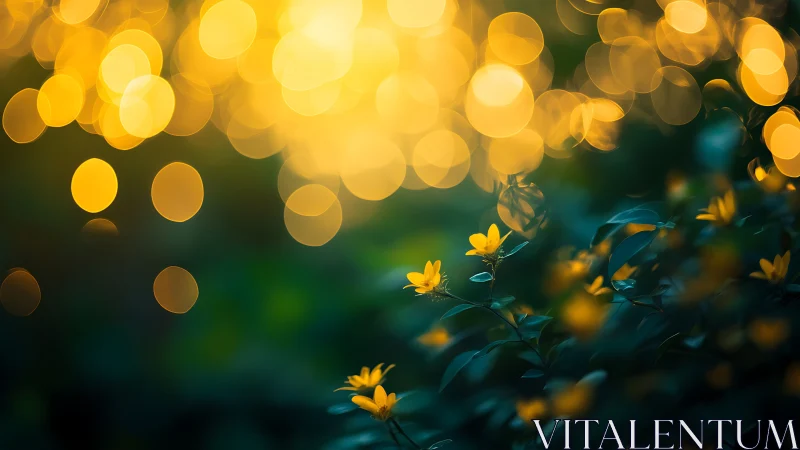 Yellow flowers in soft focus with glowing golden bokeh.