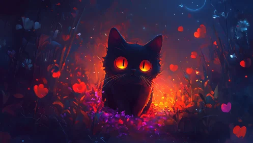 Glowing-Eyed Phantom Cat Amid Heart-Shaped Fire Blossoms