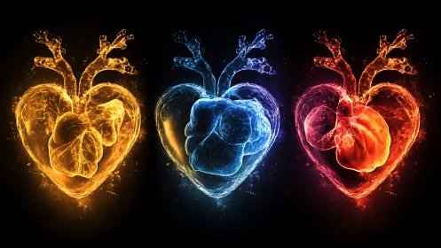 Stylized cardiac anatomy with luminescent overlay.