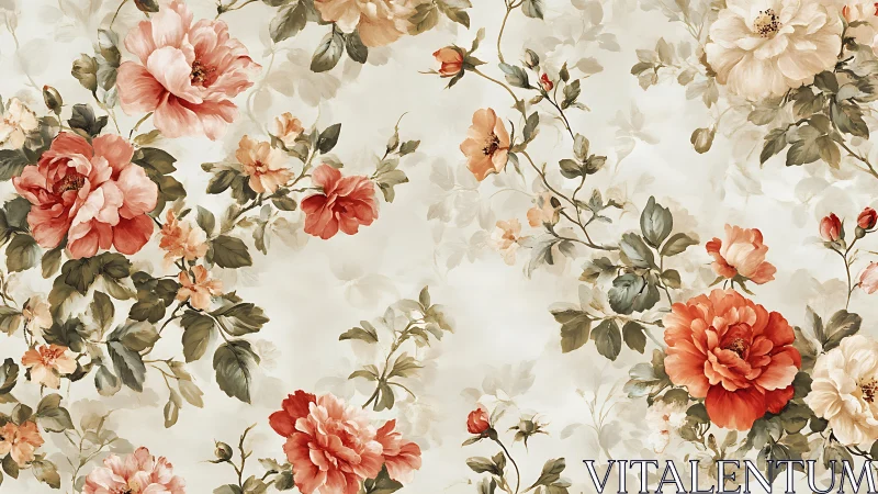 Floral Pattern with Roses and Botanical Elements on Cream Background