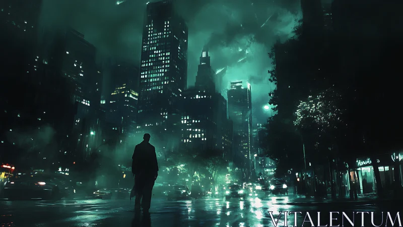 Cyberpunk nocturnal streetscape with silhouetted figure focal point.