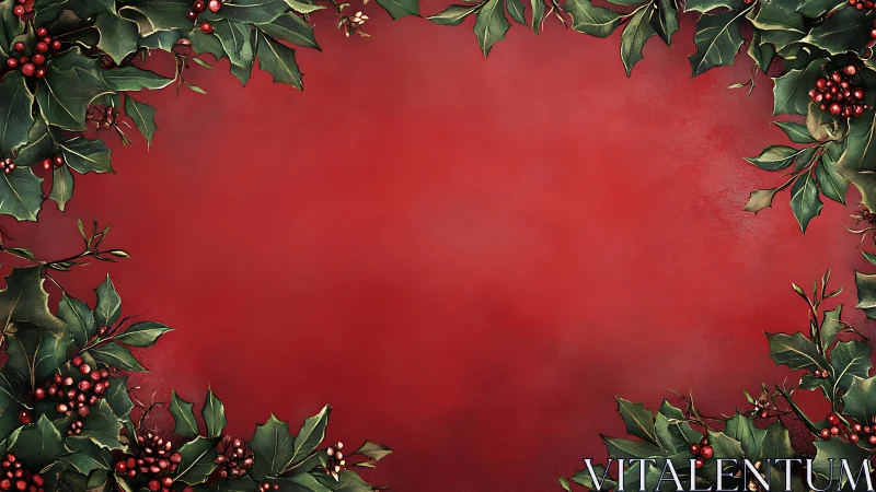 Red background with holly leaf and berry frame border design.